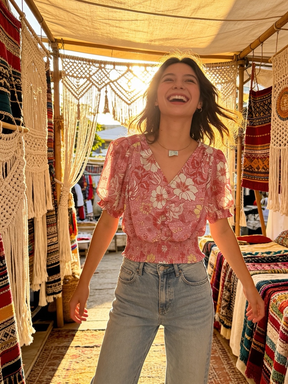 Joie Pink Floral V-Neck Smocked Waist Puff Sleeve Blouse